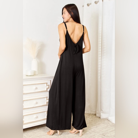 Double Take Full Size Soft Rayon Spaghetti Strap Tied Wide Leg Jumpsuit - Picture 3 of 6